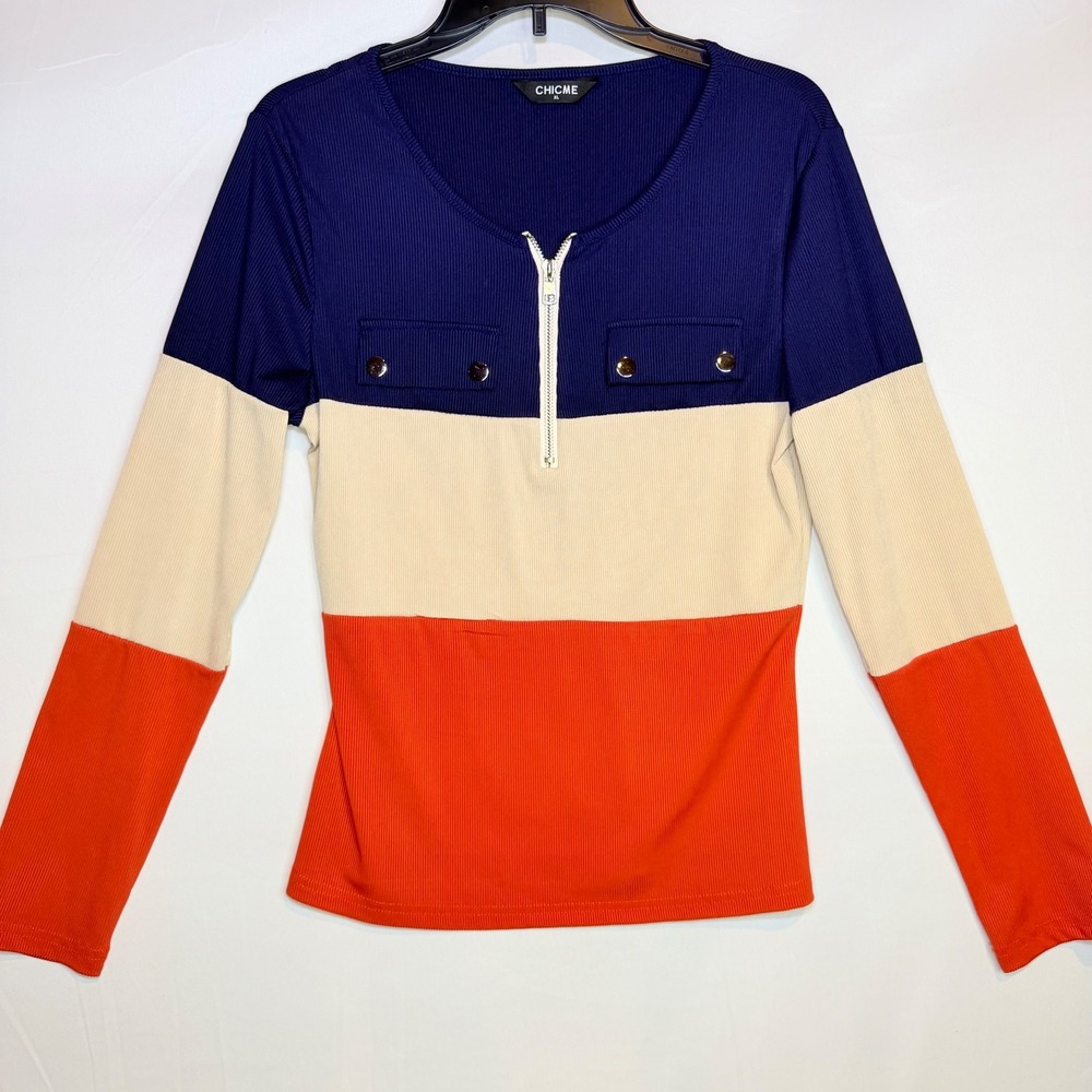 CHICME Womens XL Colorblock Ribbed Knit Long Sleeve Zip Neck Top Navy Orange